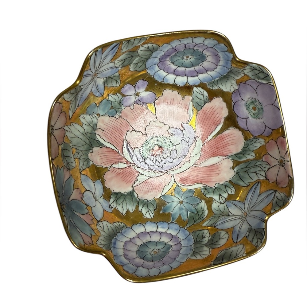 Vintage Golden Peony Trinket Floral Bowl